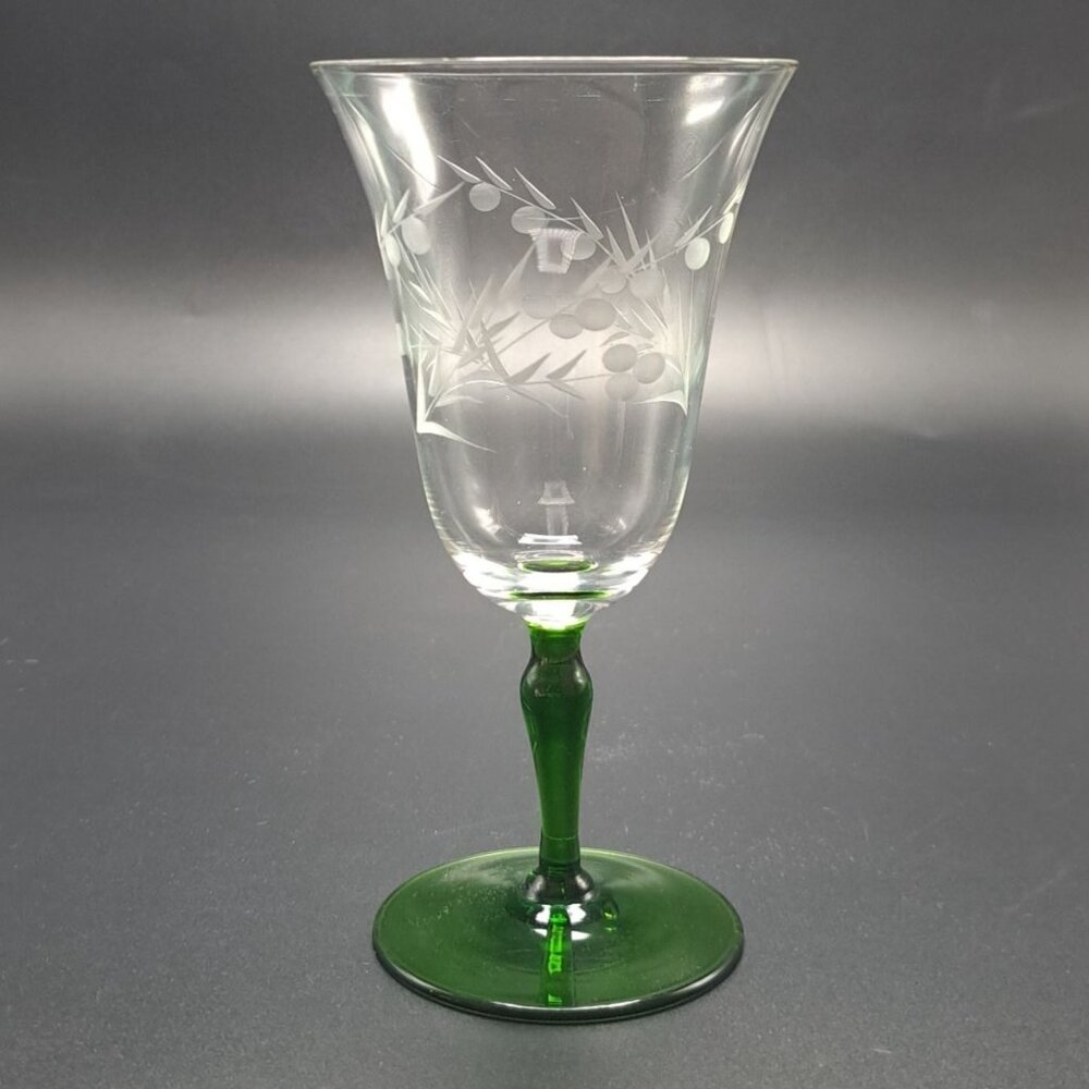 Vintage Clear Etched Glass Wine Goblet With Green Stem